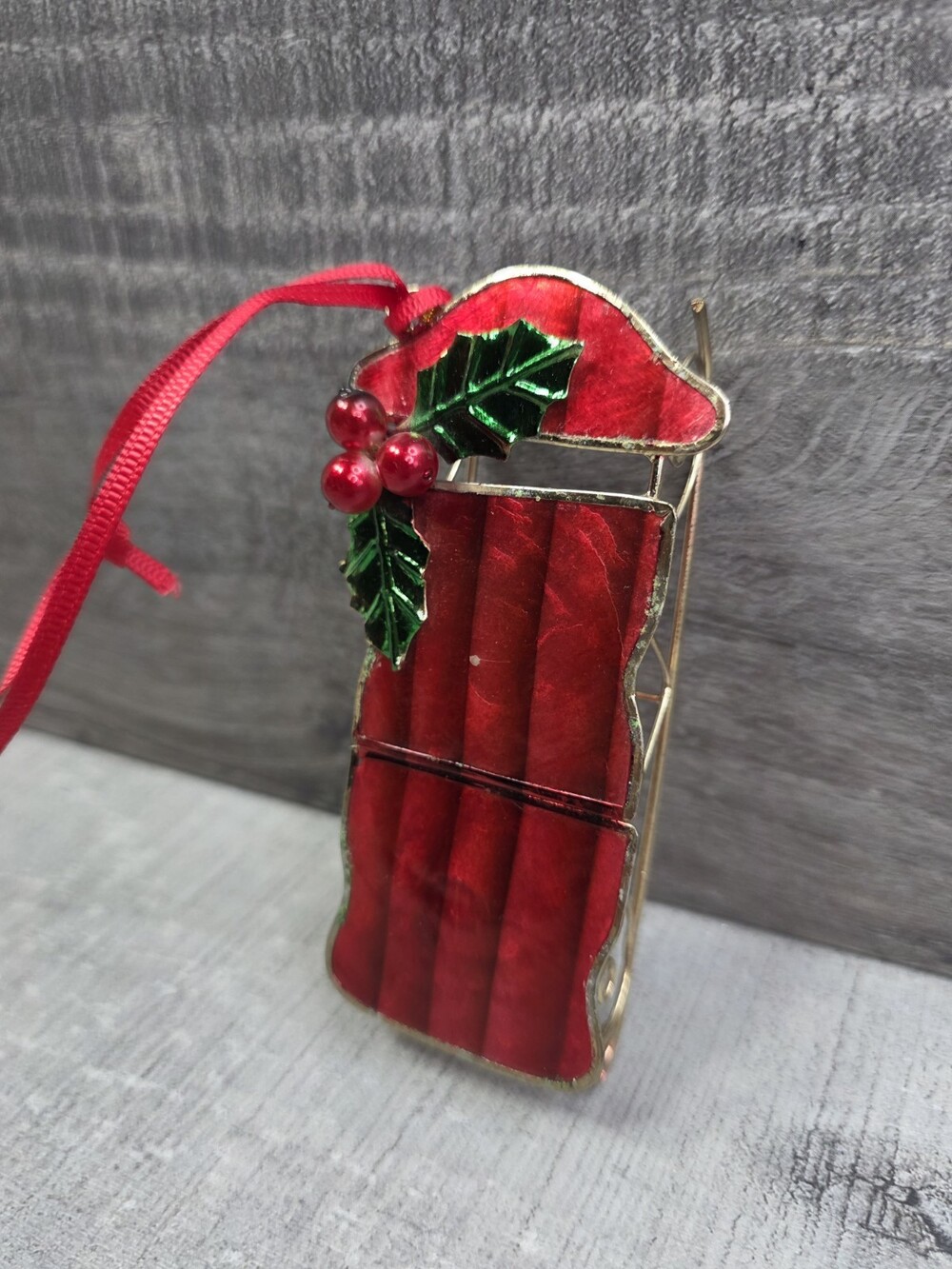Vintage Brass Snow Sled Sleigh Red w Holly Christmas Tree Ornament 4" 55bb